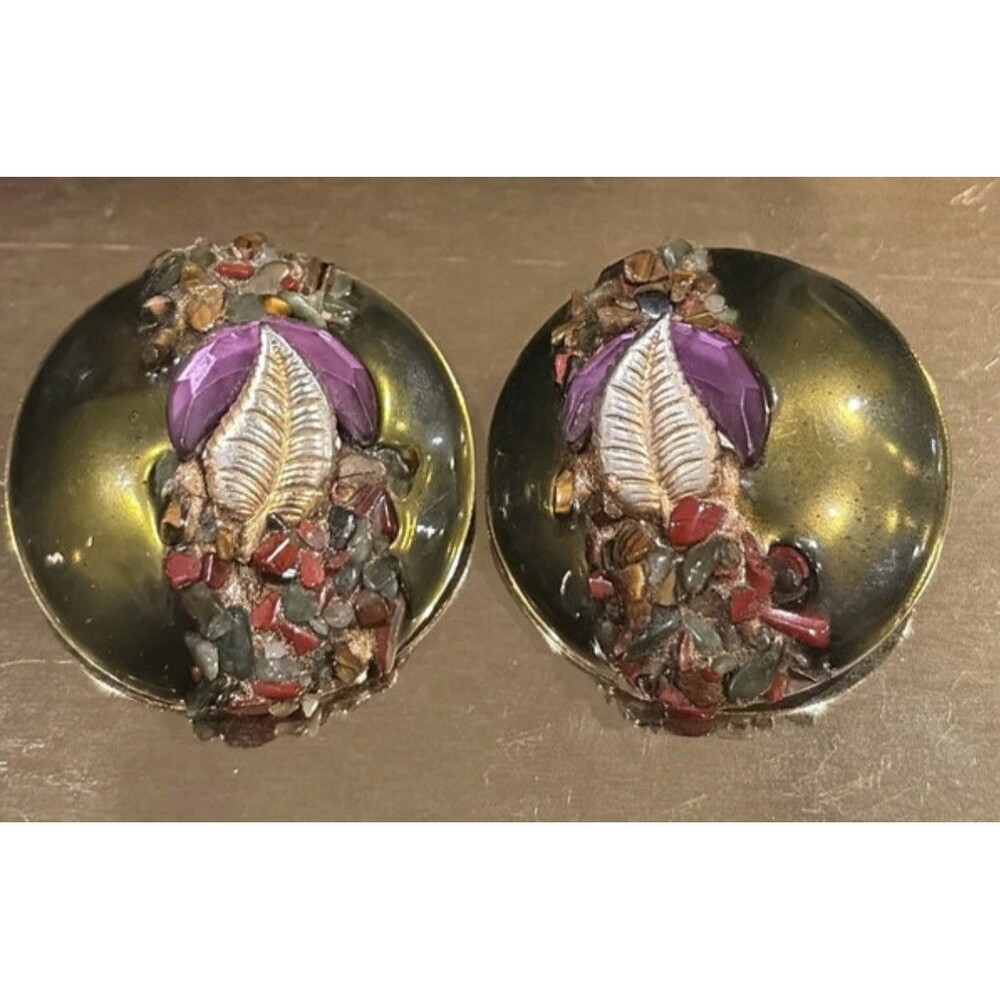 Vintage Mixed Media Resin Statement Earrings Gold Leaf Inlay Metal Base Domed